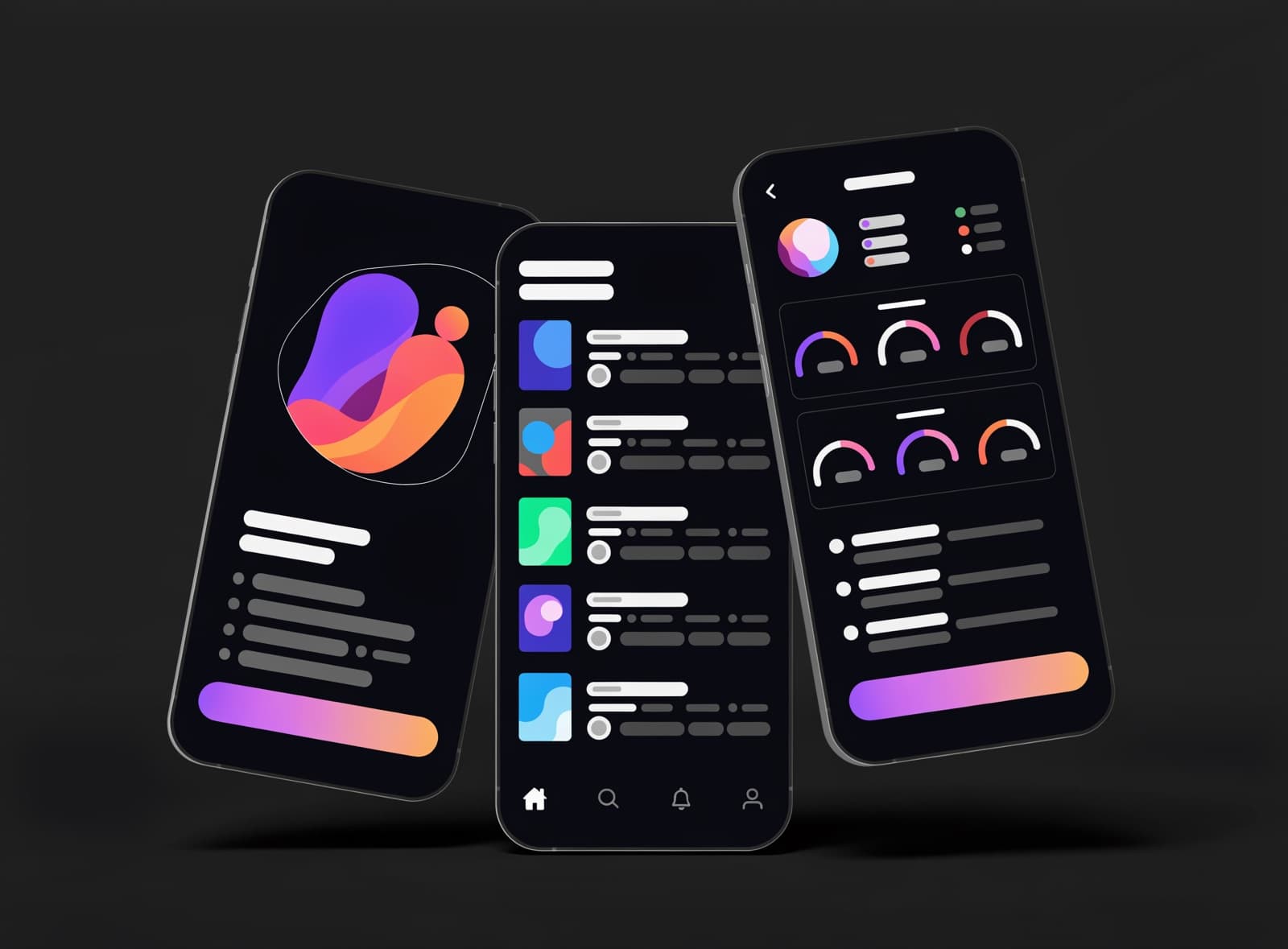 Floating mobile app screens with smooth interactions, dark premium look