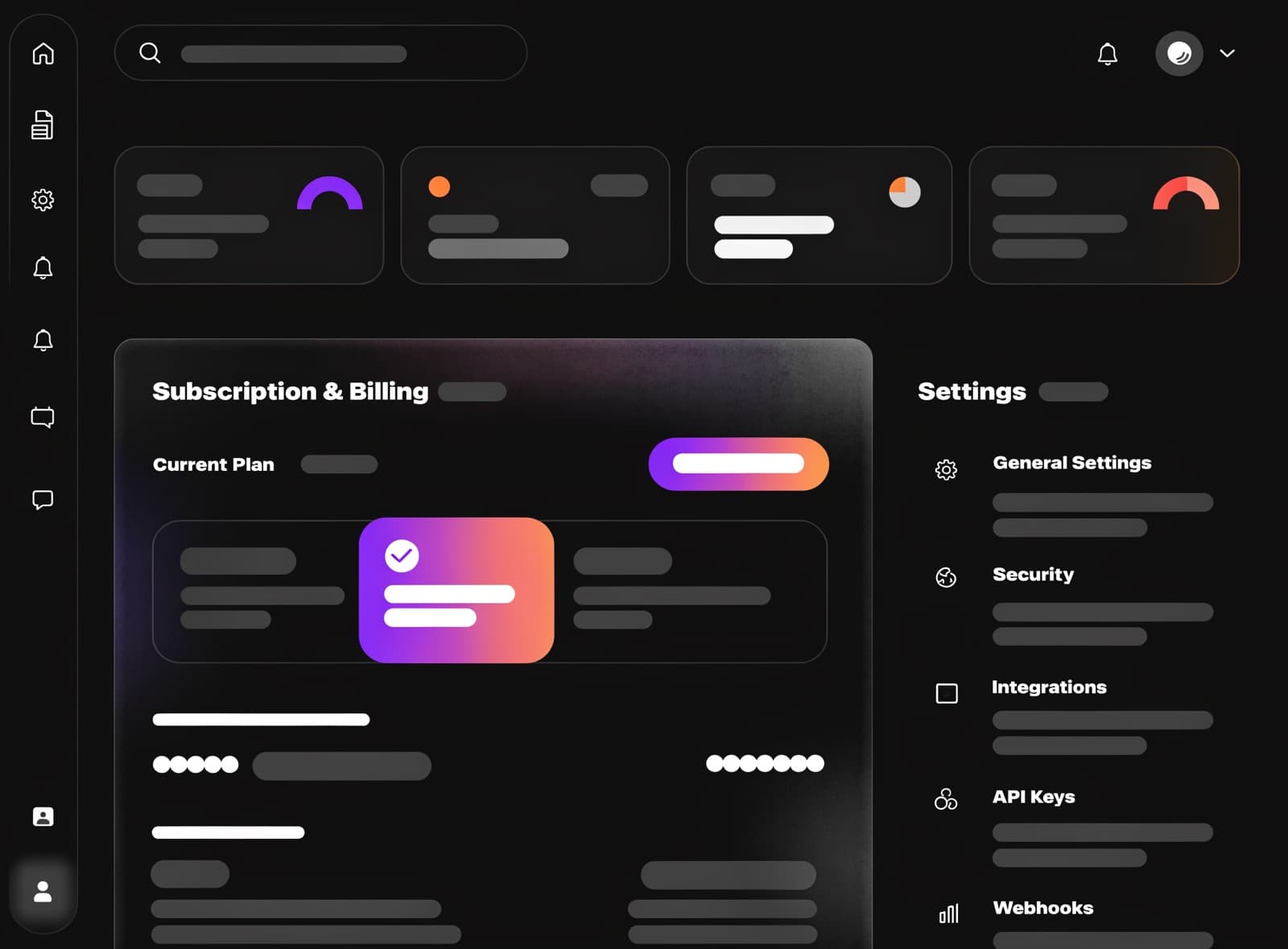 Multi-tenant SaaS admin dashboard with billing and stat panels, dark UI